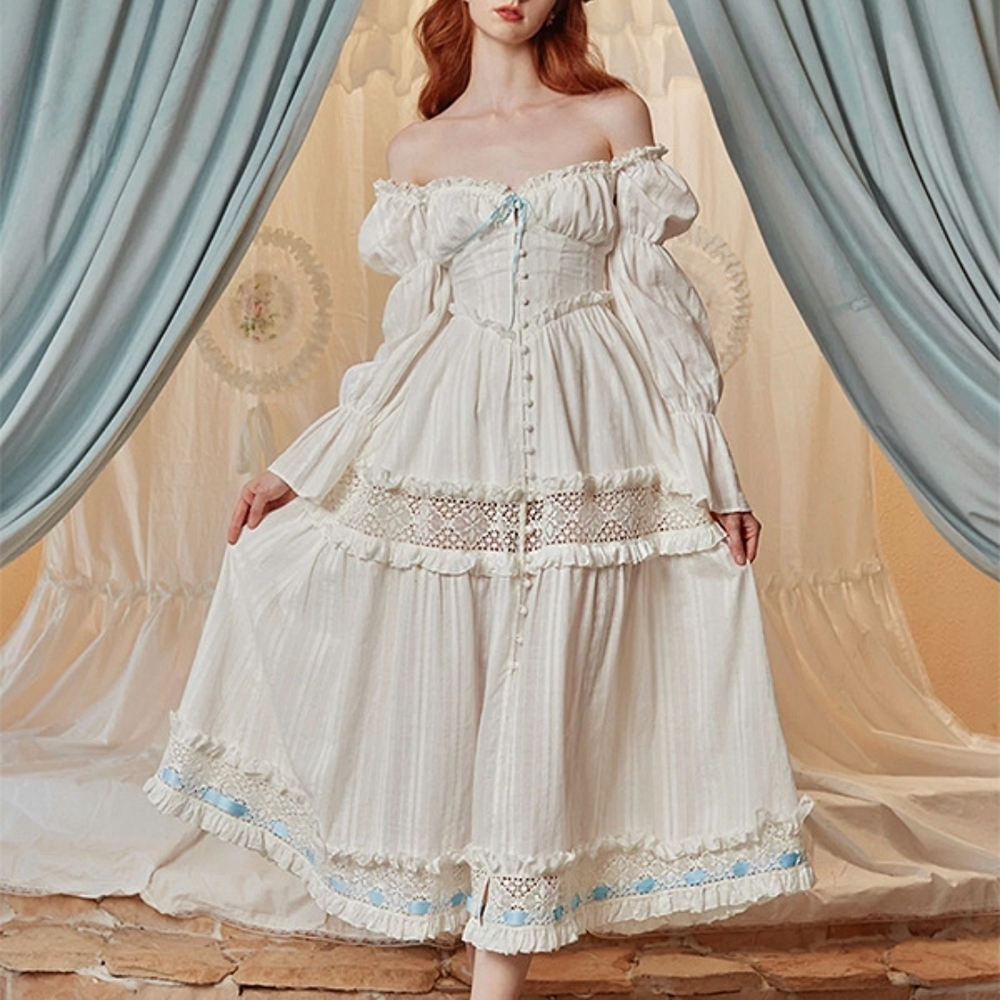 Off-Shoulder Cream Lace-Trim Maxi Dress